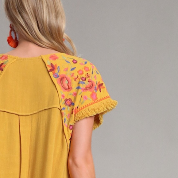 "The Honey" Deep Yellow Embroidery Sleeve High-Low Linen Dress - Picture 4 of 4